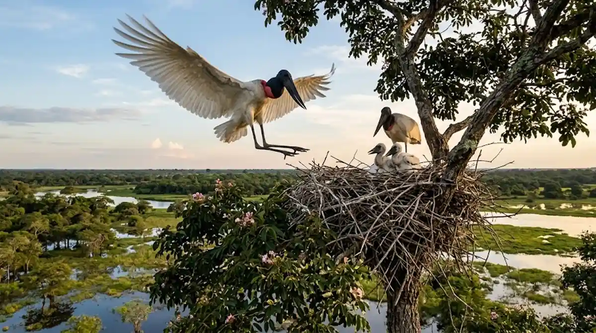 Um tuiuiú adulto de asas abertas pousando em seu ninho no topo de uma árvore piúva