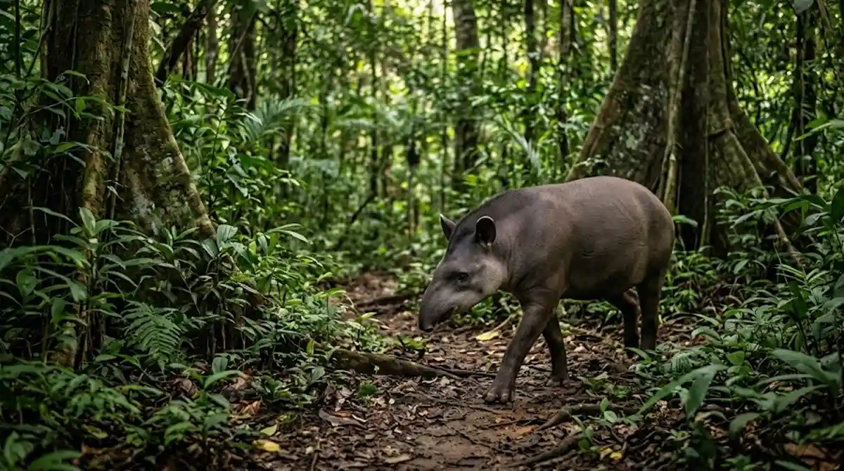 Uma anta caminhando por uma trilha na mata densa com luz solar filtrada pelas copas das árvores