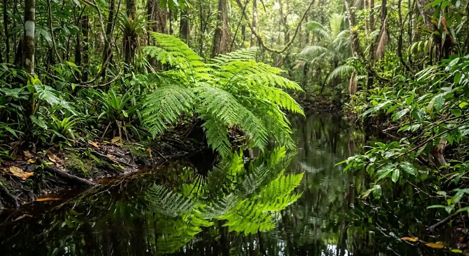 Fotografia em close de uma imponente samambaia verde brilhante refletida nas águas escuras de um igarapé amazônico sob luz solar filtrada.