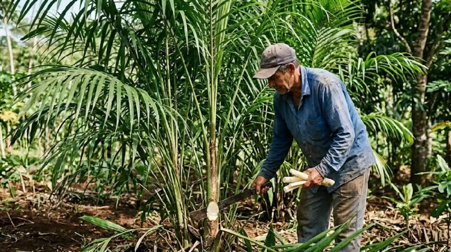 O palmito-pupunha oferece uma solução agroecológica sustentável através da colheita que permite o rebroto rápido da planta na Mata Atlântica