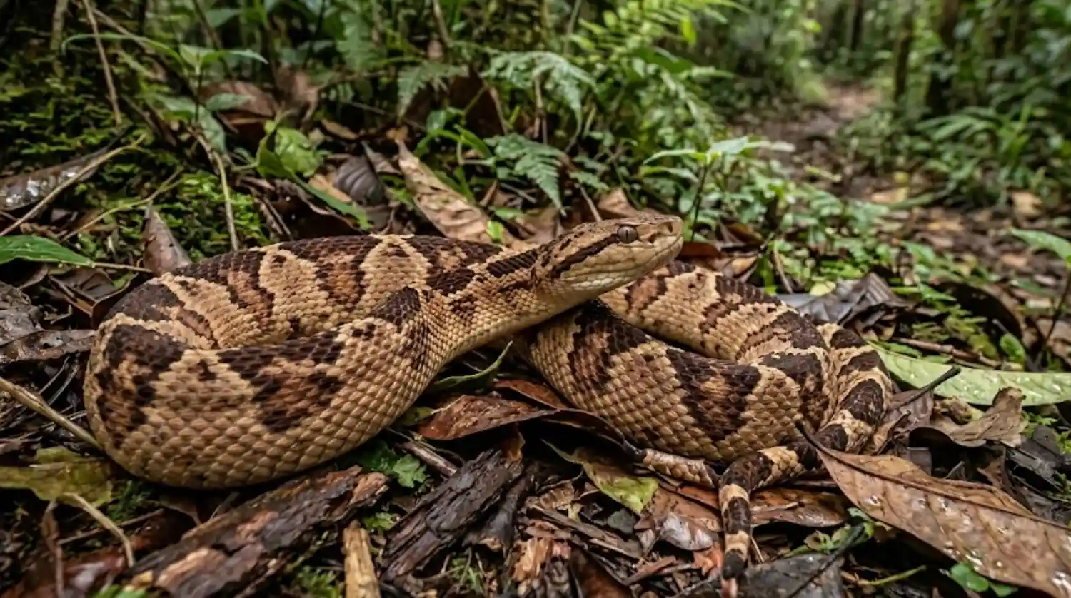 Como a majestosa surucucu de fogo utiliza sua camuflagem de folhas secas para equilibrar a biodiversidade na floresta amazônica