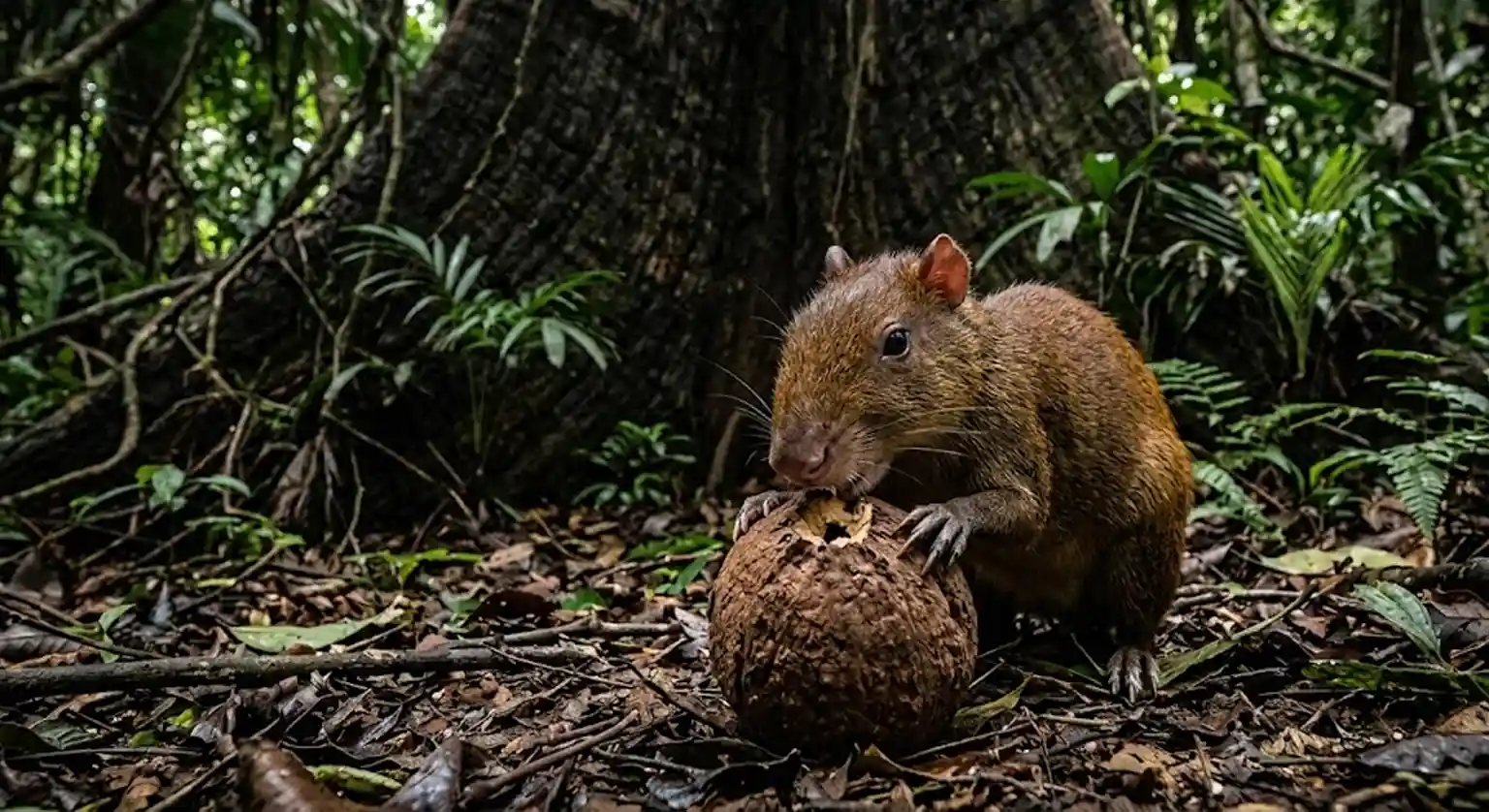 cutia roendo o ouriço lenhoso da castanha-do-pará sob a sombra de uma árvore