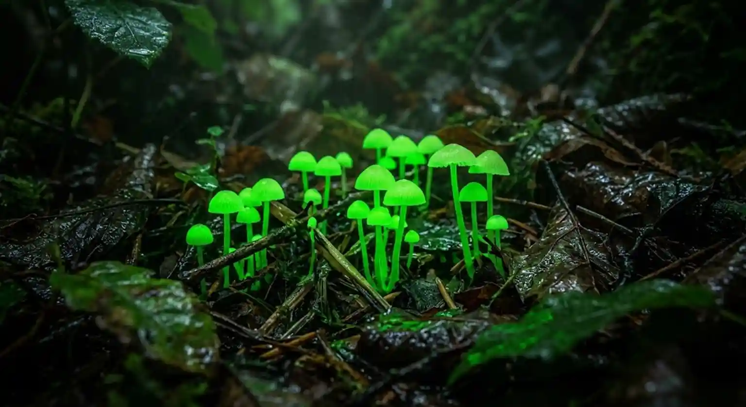 pequenos cogumelos de cor neon esverdeada brilhando intensamente sobre folhagens escuras e úmidas
