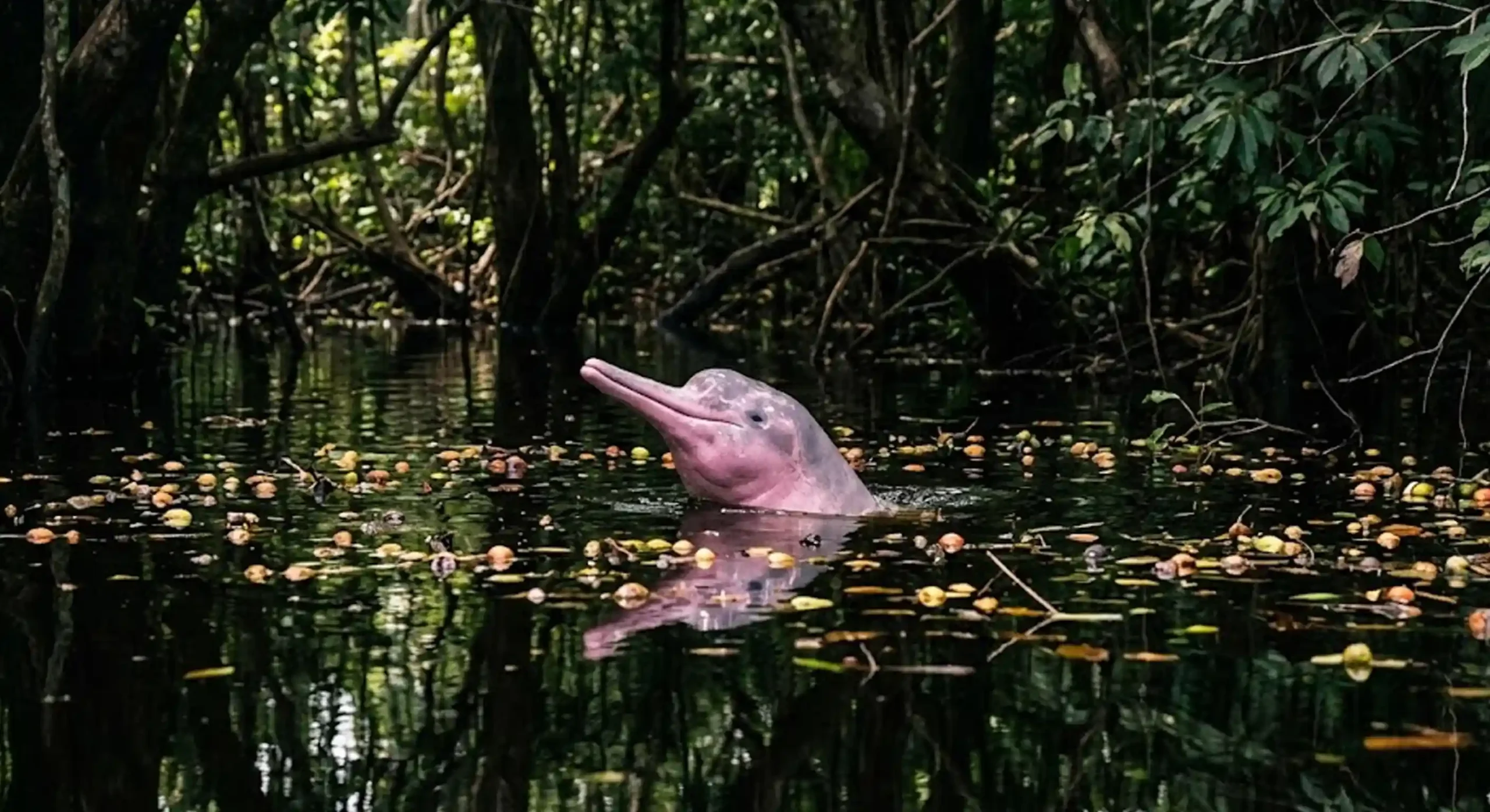 O boto-cor-de-rosa navega pelos igarapés inundados em busca de frutos, ajudando a reflorestar as margens dos rios