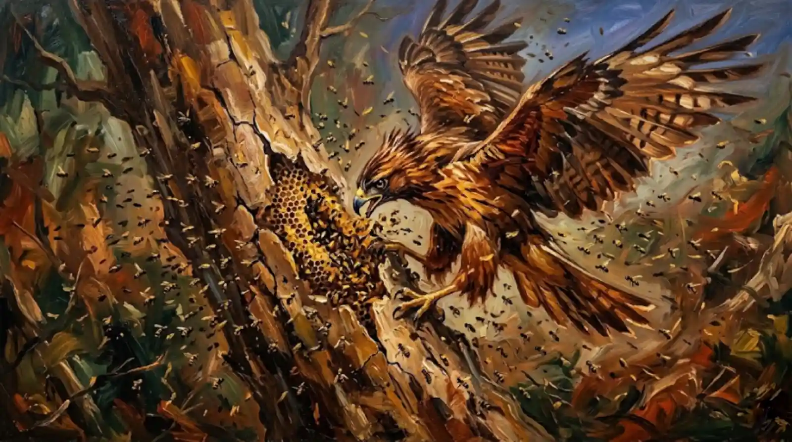 Gavião com penas eriçadas em ataque a colmeia em tronco — pintura óleo expressionista movimento e dinamismo tons ocres e castanhos abelhas em torno