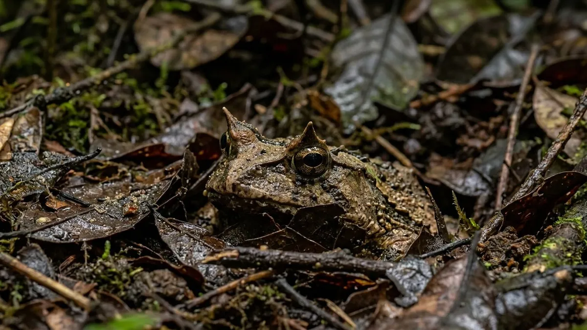 Sapo de chifre enterra o corpo na serrapilheira e aguarda semanas para capturar presas na floresta amazônica