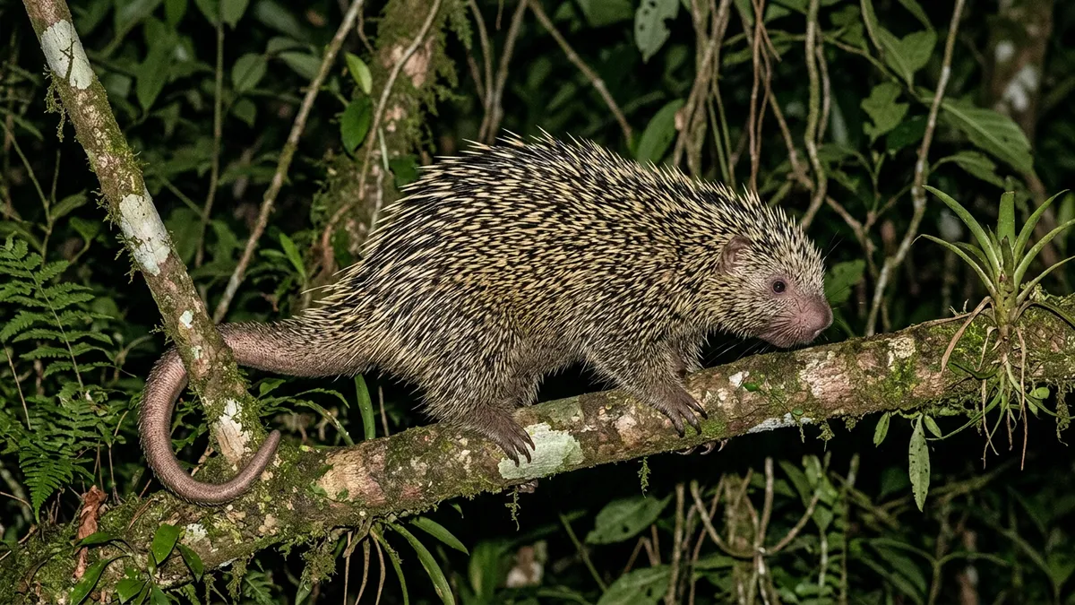 O ouriço-cacheiro usa microfaras nos espinhos e a cauda preênsil como quinto membro à noite