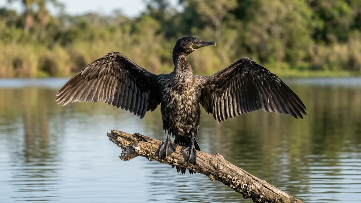 Biguá mantém penas pouco impermeáveis para mergulhar e seca as asas ao sol após a pesca