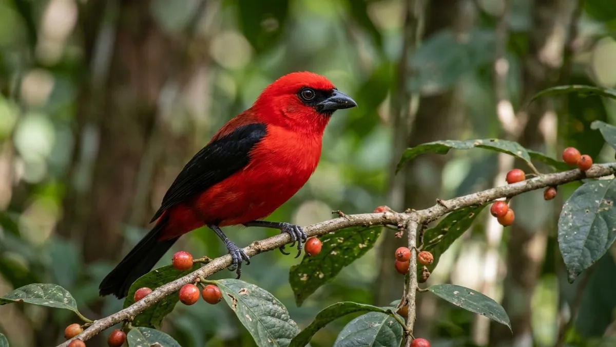 Tiê-sangue acumula carotenoides da fruta na plumagem e só o macho adulto exibe vermelho intenso na Mata Atlântica