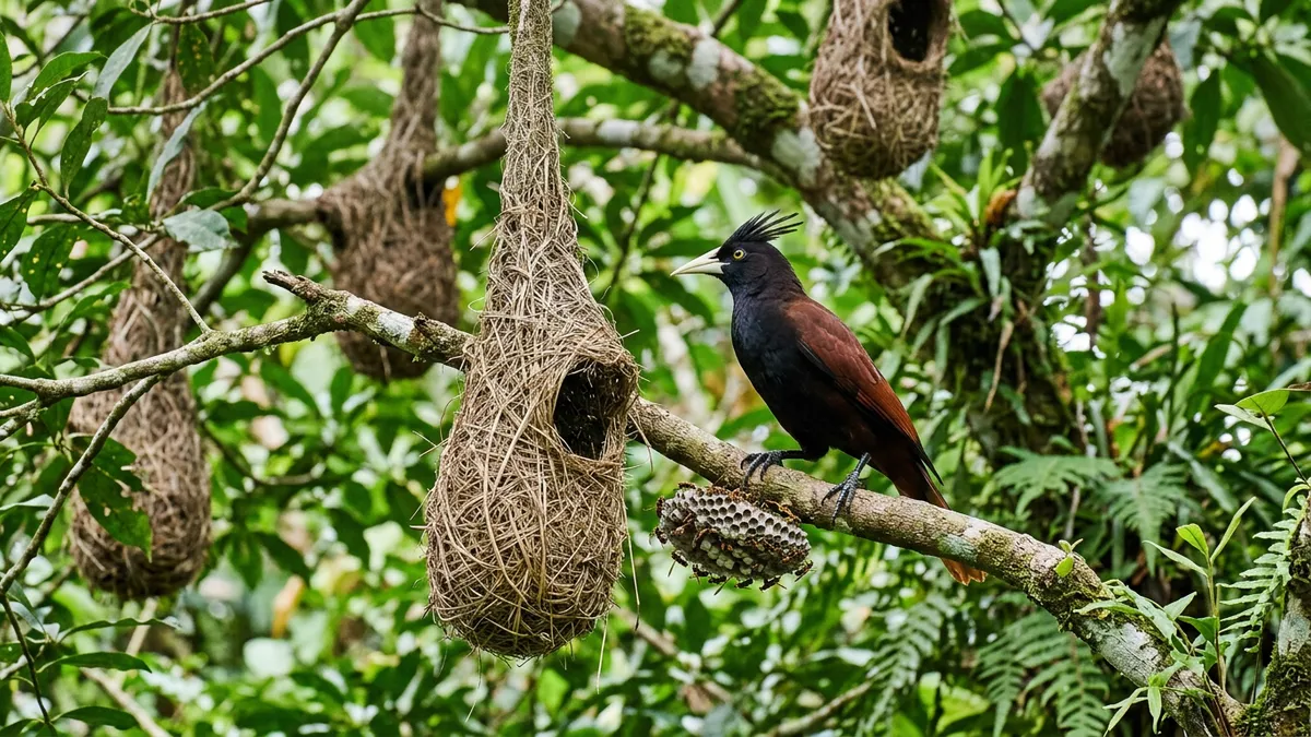 Japu pendura ninho perto de vespeiro e usa vespas para afastar macacos e aves predadoras