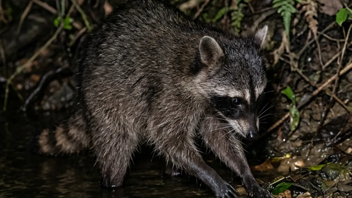 Mão-pelada usa patas dianteiras sensíveis para remexer alimento na água durante a busca noturna