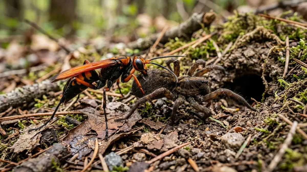 Vespa-caçadora paralisa aranha maior que ela, arrasta o corpo vivo até a toca e deixa um único ovo