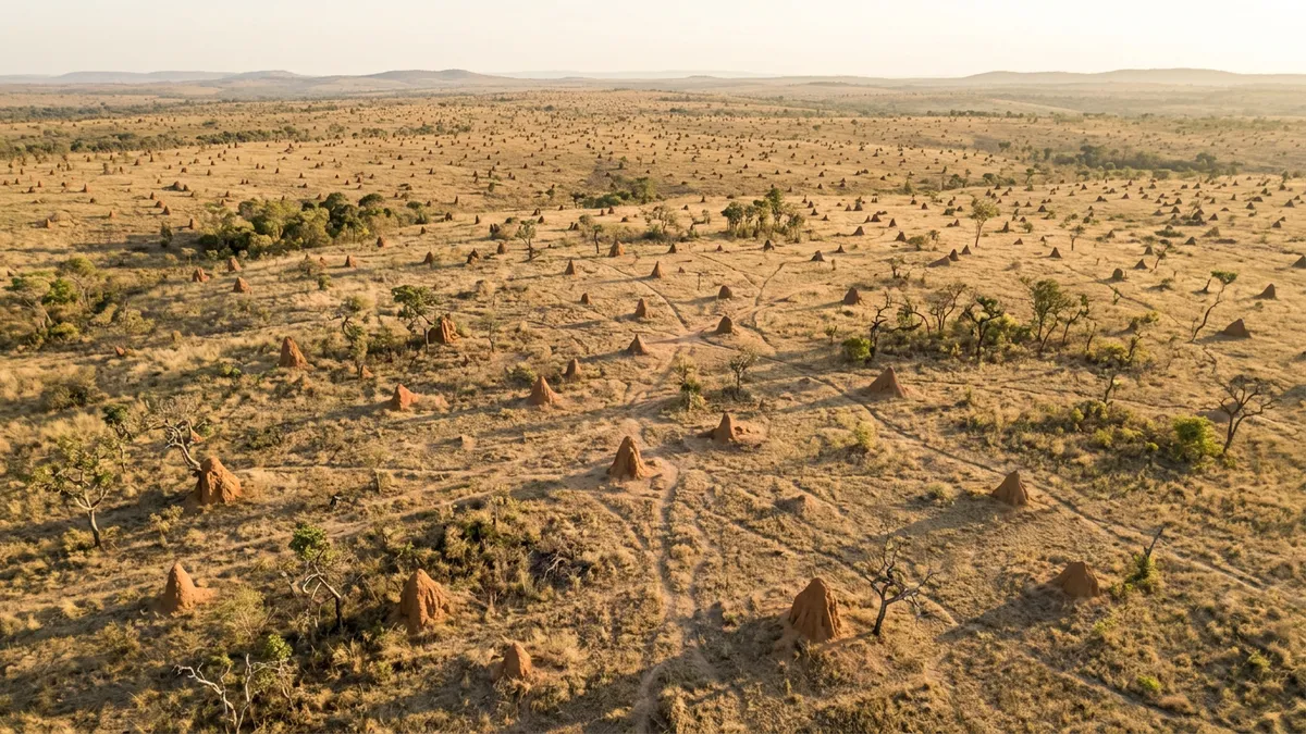 Campo de cupinzeiros brasileiro visível do espaço mantém túneis ativos após 4 mil anos e revela uma obra coletiva fora de escala